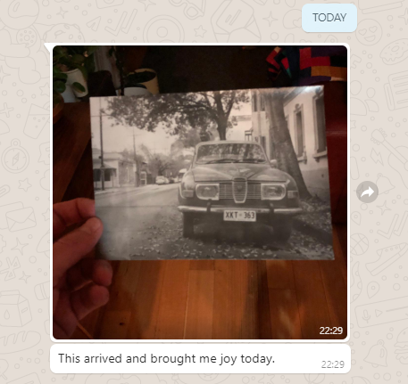 Screen-snip of message from friend holding the card I had sent.